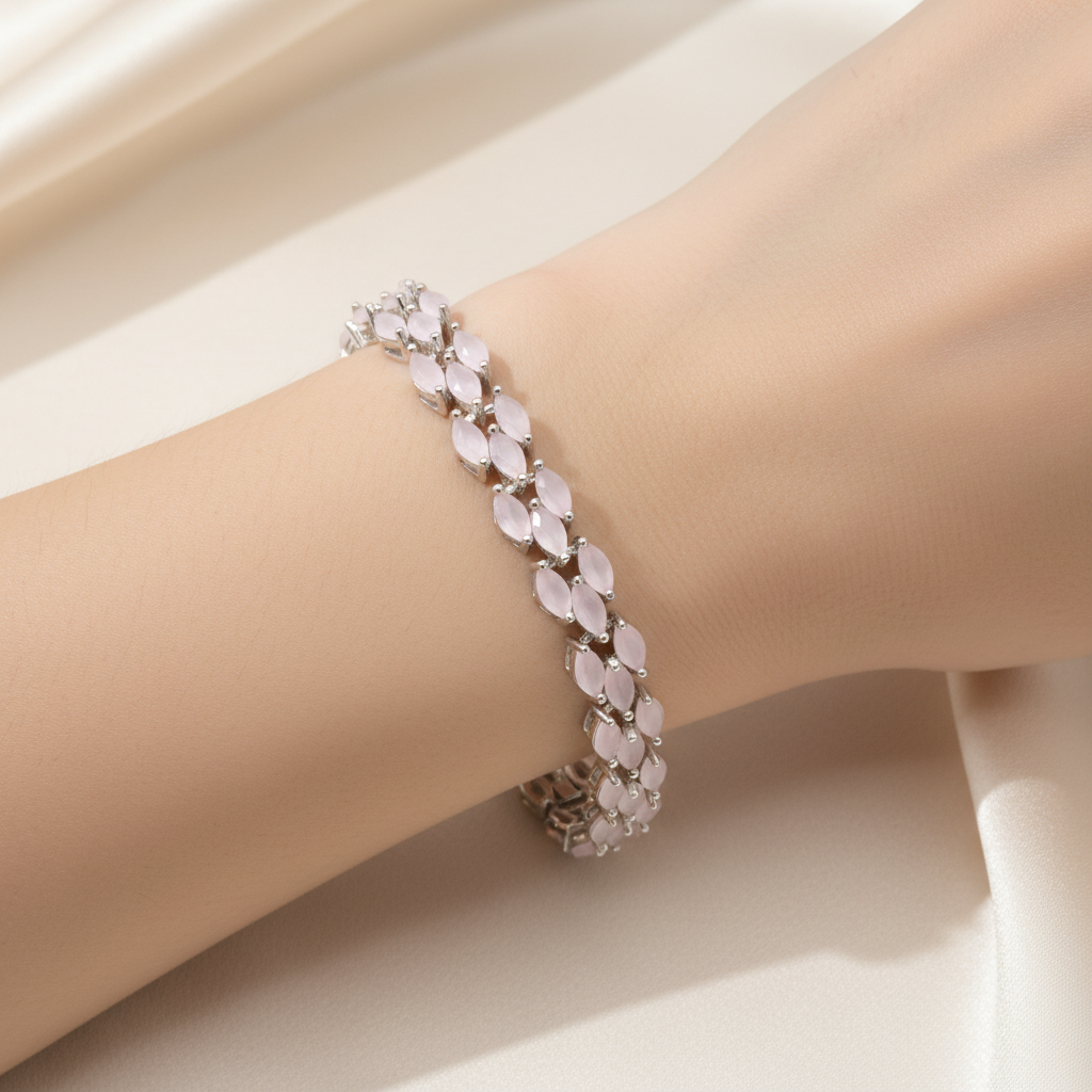 Sterling silver Rose Quartz Marquise Crystal bracelet polished finish