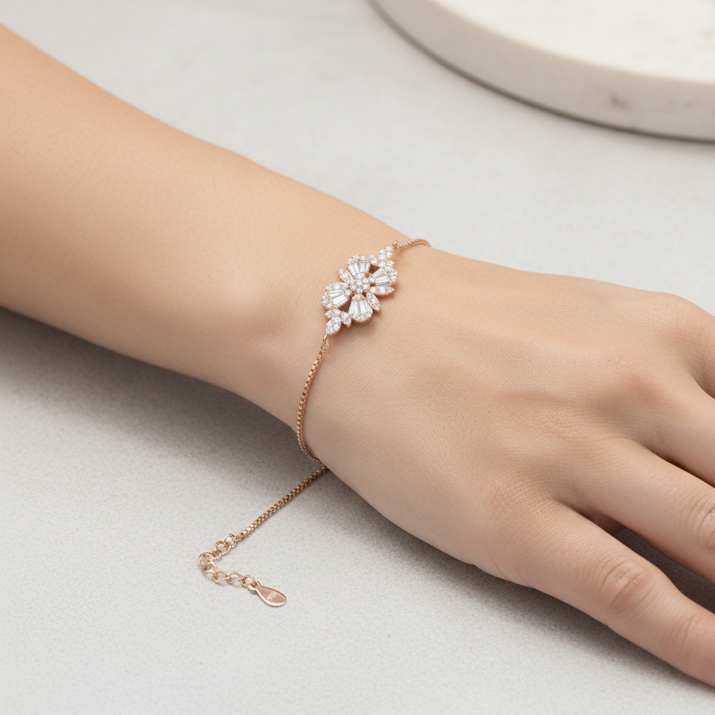 Sterling silver Floral Crystal Cluster bracelet rose gold finish