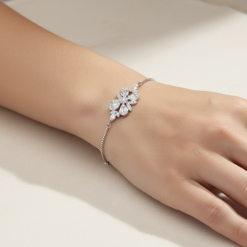 Sterling silver Floral Crystal Cluster bracelet polished finish