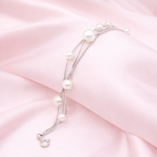 Sterling silver Multi-Strand Pearl Station bracelet polished finish