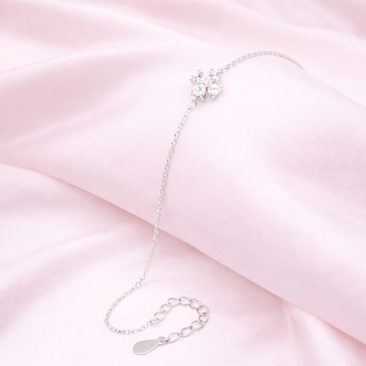 Delicate Crystal Flower Charm Bracelet - Silver