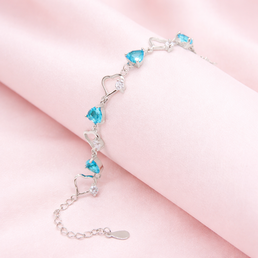 Sterling silver Aqua Blue Topaz Heart & Teardrop Link bracelet polished finish