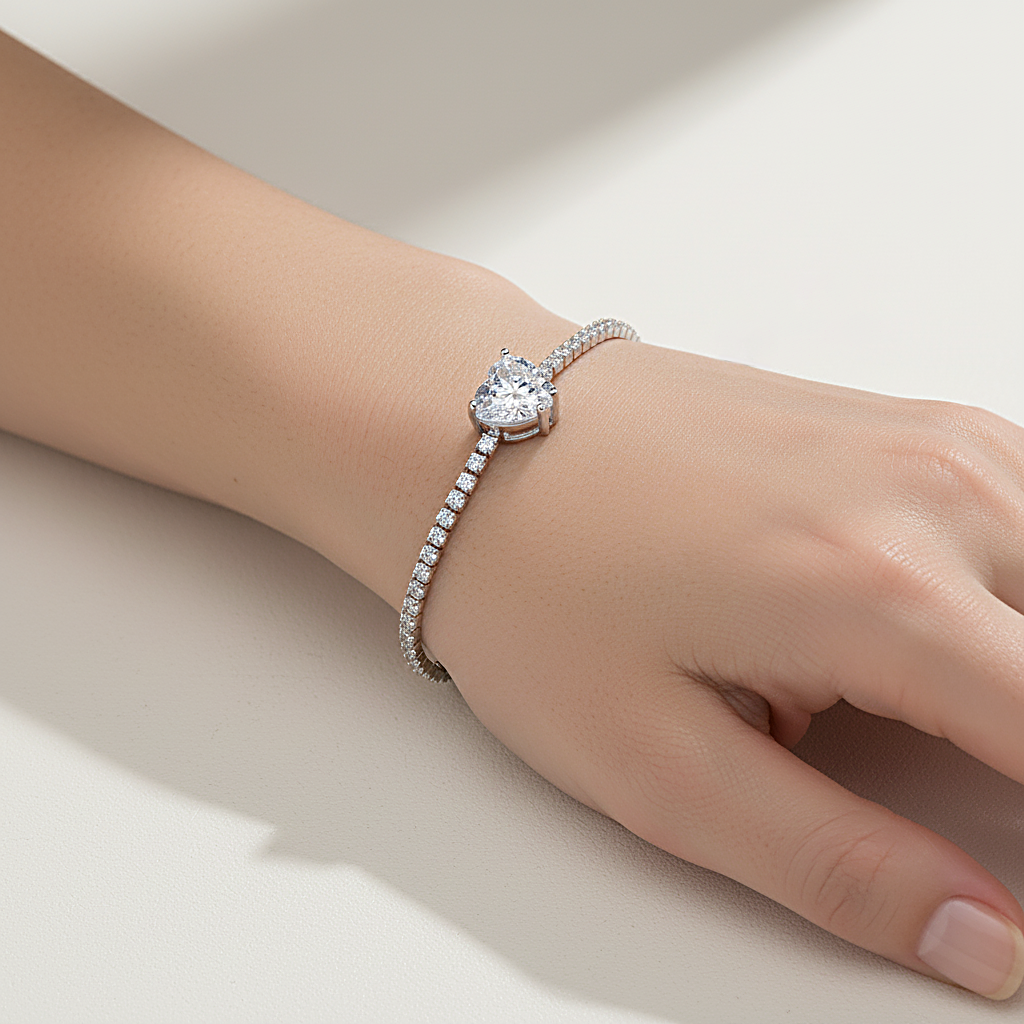 Sterling silver Heart-Shaped Clear Crystal Tennis bracelet polished finish