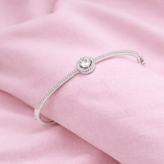 Elegant Crystal Halo Solitaire Bangle Bracelet - Silver