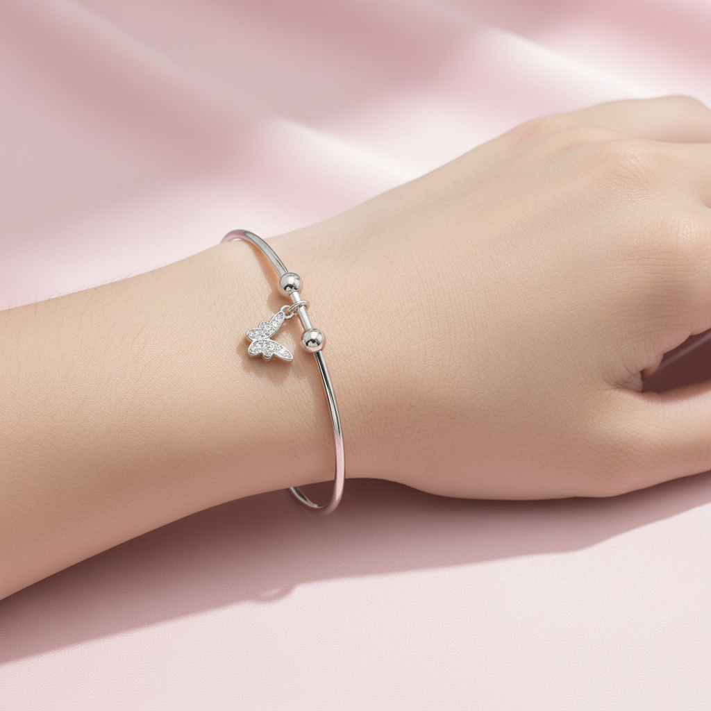 Delicate Crystal Butterfly Charm Bangle Bracelet - Silver