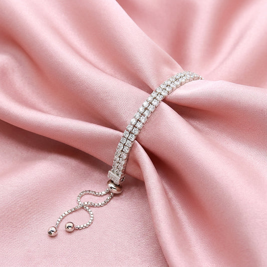Luxurious Double-Row Crystal Adjustable Slider Bracelet - Silver