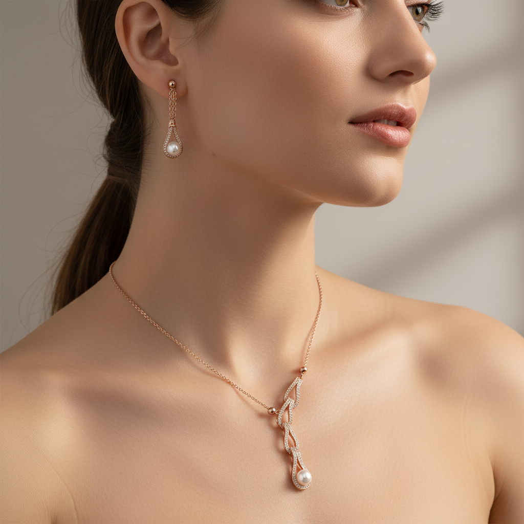 Sterling silver Pearl & Crystal Infinity Knot Necklace & Earrings Set necklace and earring set rose gold finish