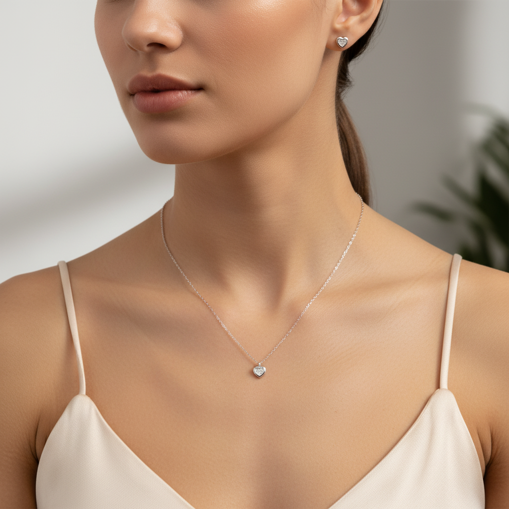 Sterling silver Pavé Crystal Heart Necklace & Earrings Set necklace and earring set polished finish