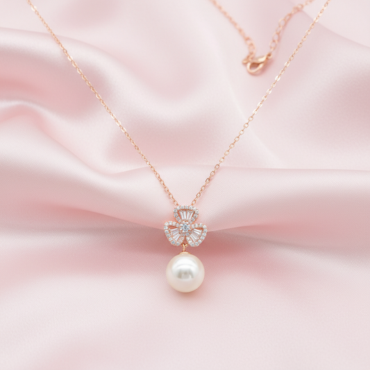 Elegant Crystal Clover Pendant Necklace with Pearl Drop - Rose Gold
