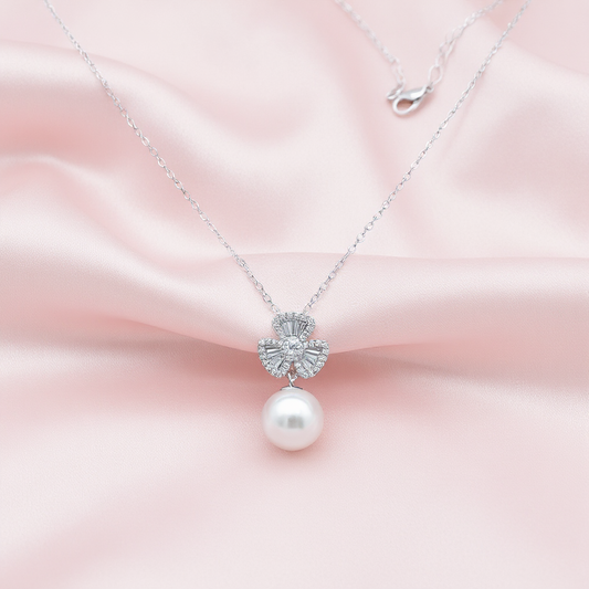 Elegant Crystal Clover Pendant Necklace with Pearl Drop - Silver