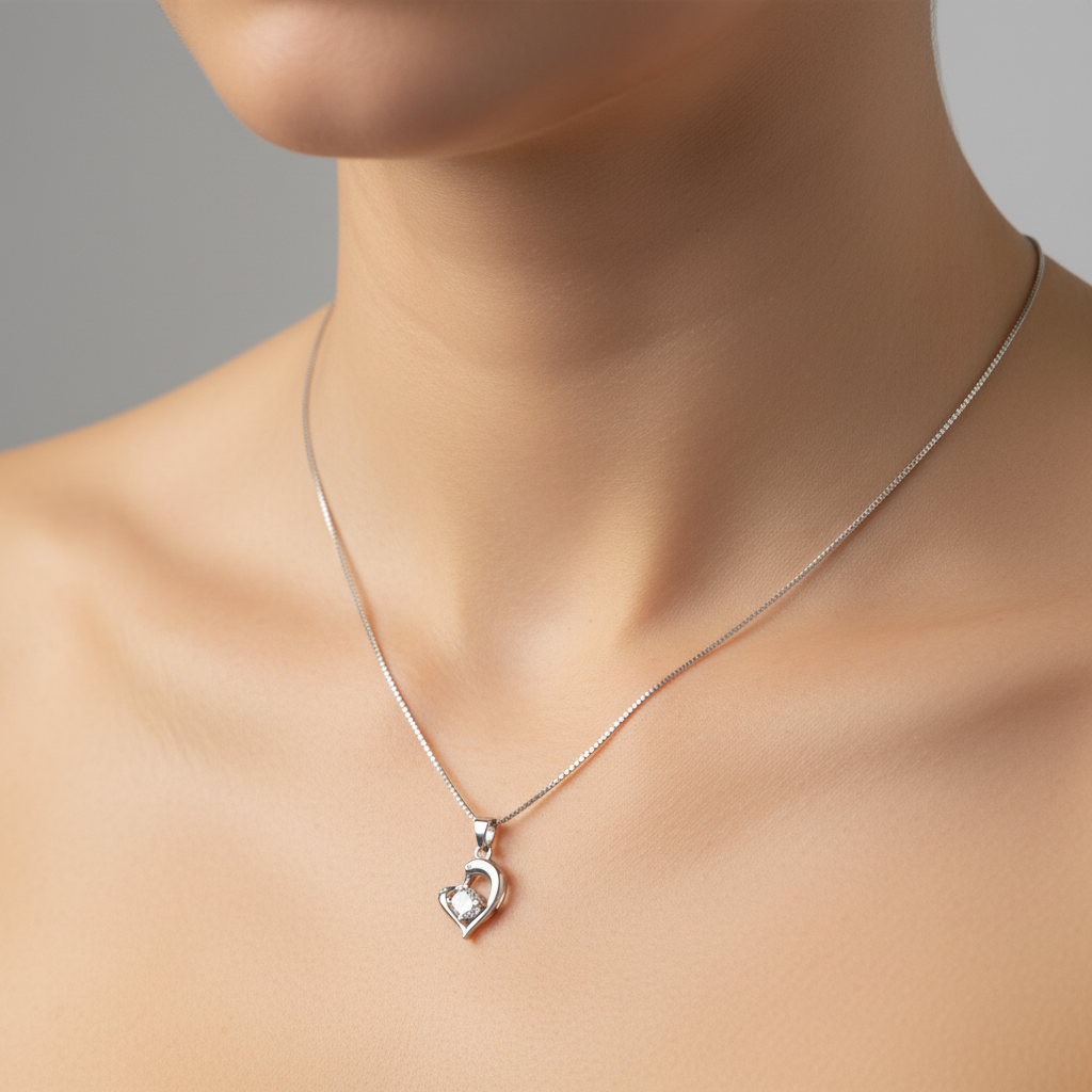 Sterling silver Open Heart Crystal Pendant necklace polished finish
