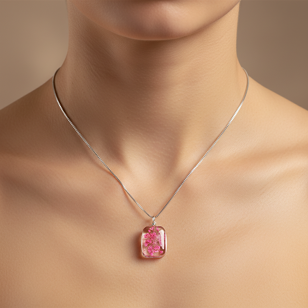 Sterling silver Pressed Pink Flower Glass Pendant necklace polished finish
