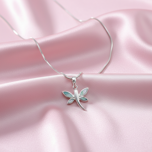 Silver Dragonfly Pendant Necklace with Turquoise pearl