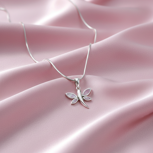 Silver Pink Dragonfly Pendant Necklace with Pink Pearl Accent