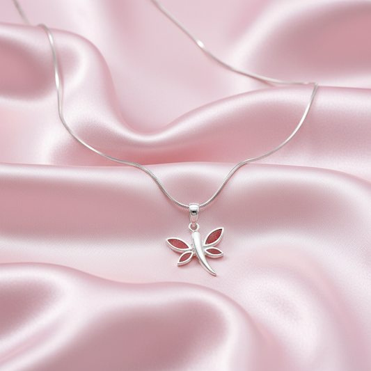 Silver Red Dragonfly Pendant Necklace with Red Pearl Accent