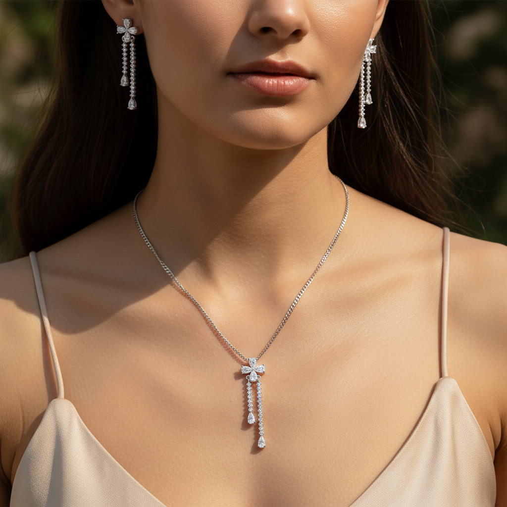 Sterling silver Crystal Flower Tassel necklace and earring set polished finish