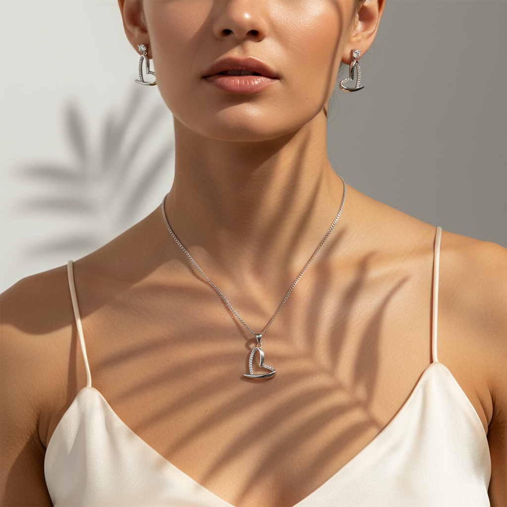 Sterling silver Crystal Open Heart necklace and earring set polished finish