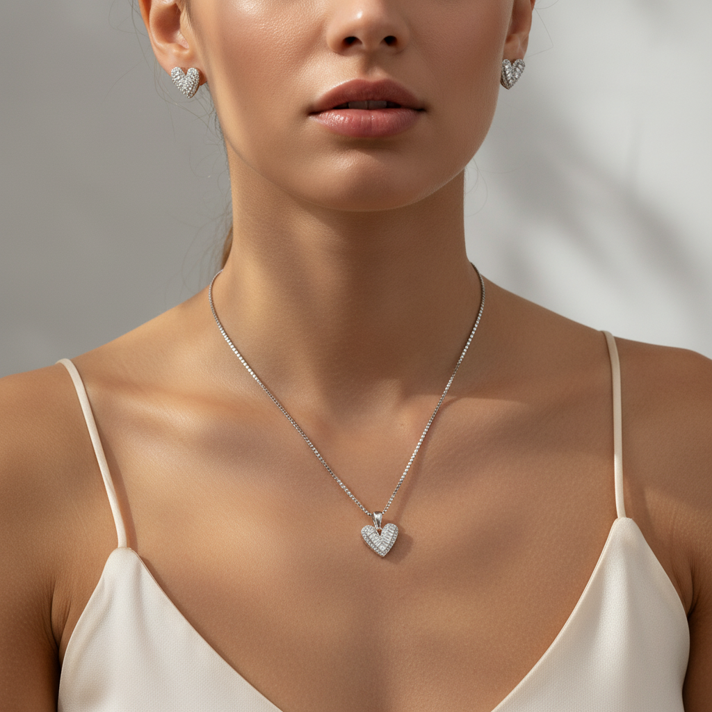 Sterling silver Baguette Crystal Pavé Heart necklace and earring set polished finish