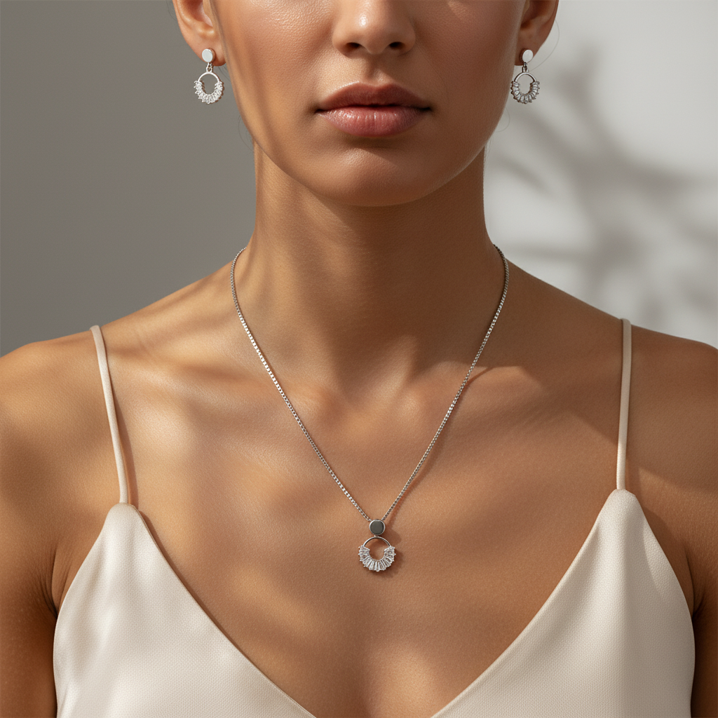 Sterling silver Baguette Crystal Sunburst Circle necklace and earring set polished finish