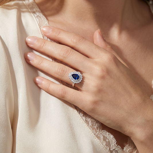 Royal Sapphire Double Halo Pear Ring from TimelessWhims, view 2