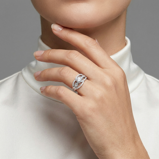 Round Solitaire Baguette Bypass Band Ring from TimelessWhims, view 2