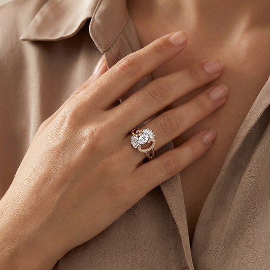 Oval Solitaire Baguette Fan Rose Gold Scroll Ring from TimelessWhims, view 2