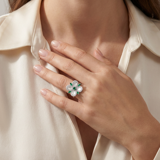 Mother of Pearl Emerald Floral Cocktail Ring from TimelessWhims, view 2
