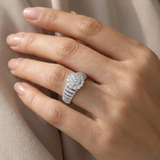 Round Cluster Halo Multi-Rail Pavé Band Ring
