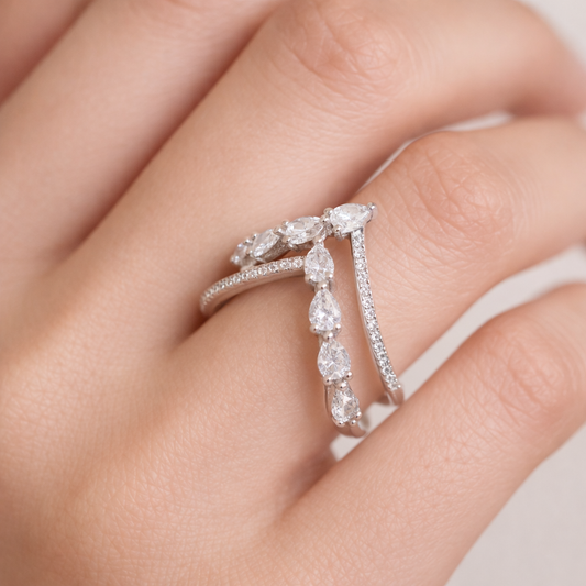 Pear Cascade Triple-Rail Open-Work Bypass Ring