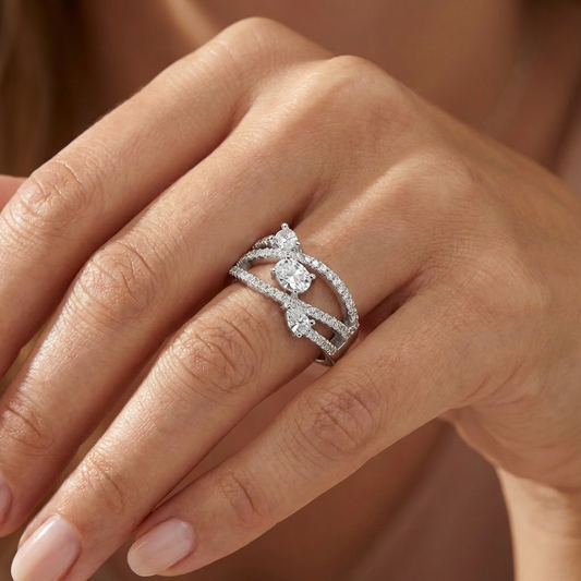 Oval Marquise Three-Stone Triple-Rail Bypass Ring