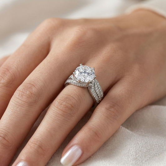 Oversized Round Solitaire Pavé Leaf Shoulder Ring