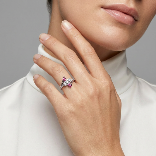 Ruby Marquise White Cluster Split-Shank Bypass Ring