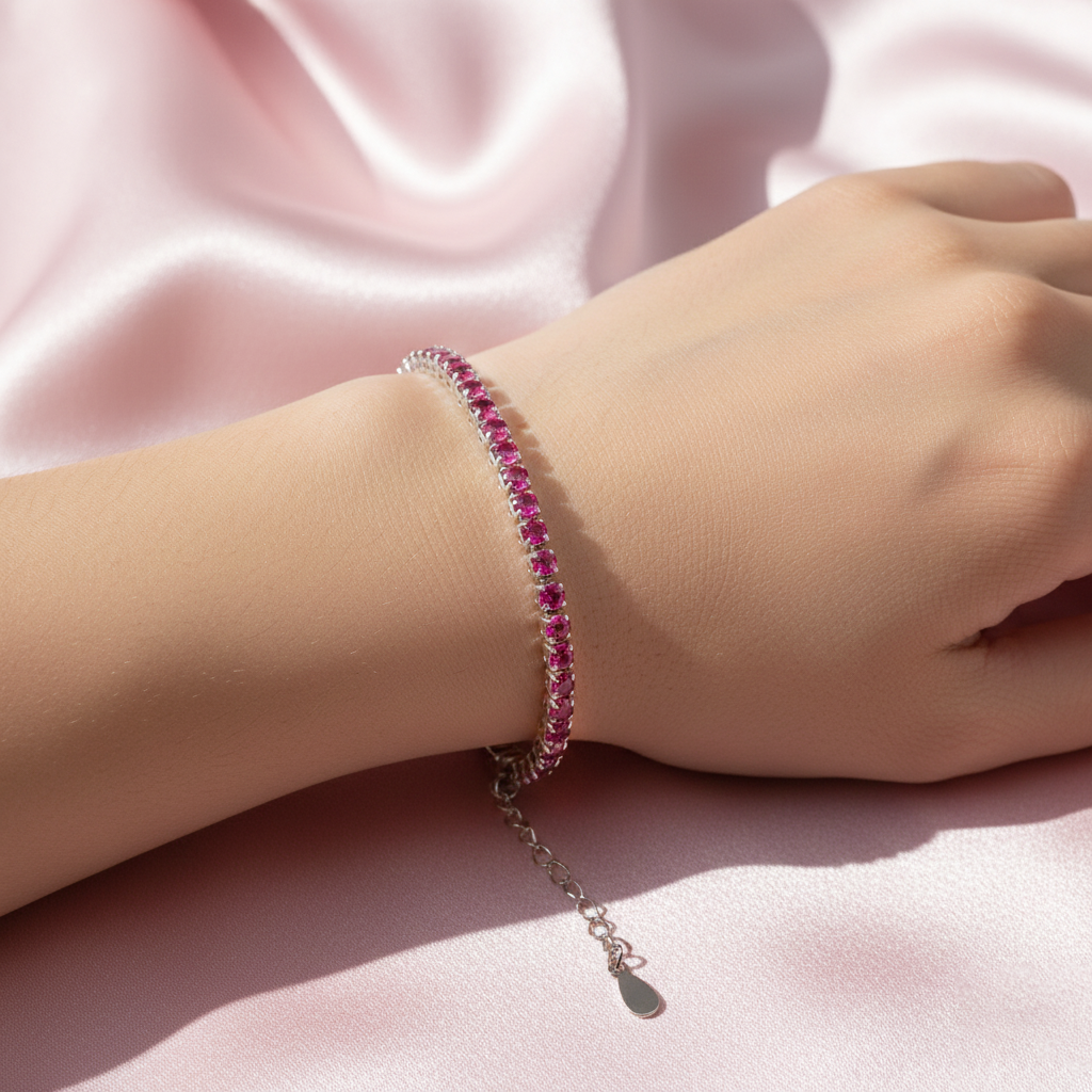 Sterling silver Pink Crystal Tennis bracelet polished finish