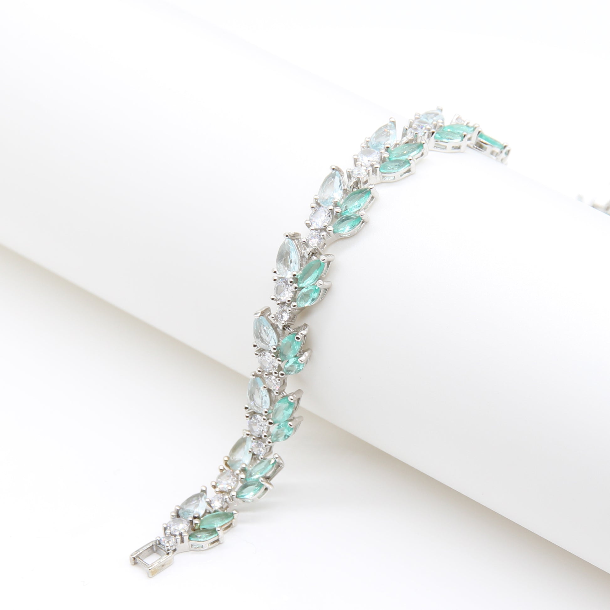 Sterling silver Mint & Clear Oval Crystal bracelet polished finish