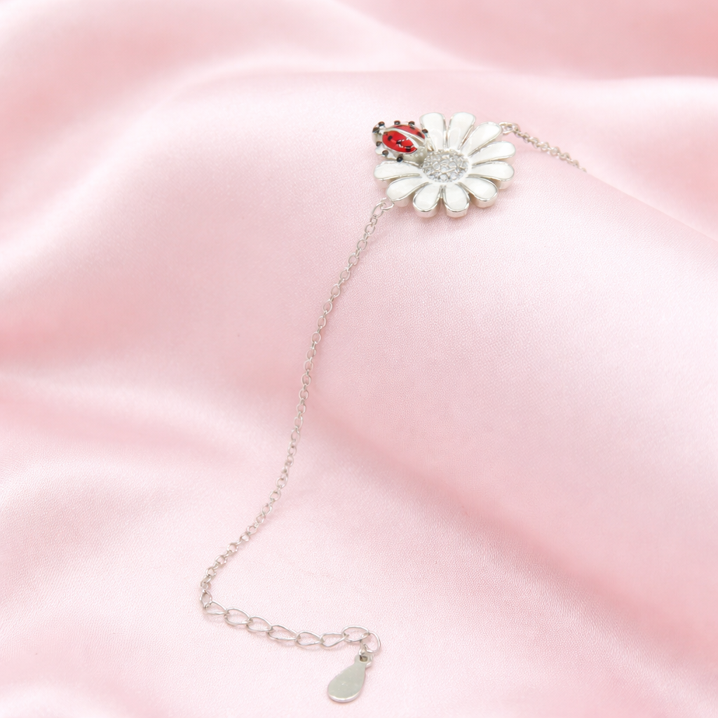 Charming Daisy Flower & Ladybug Bracelet - Silver
