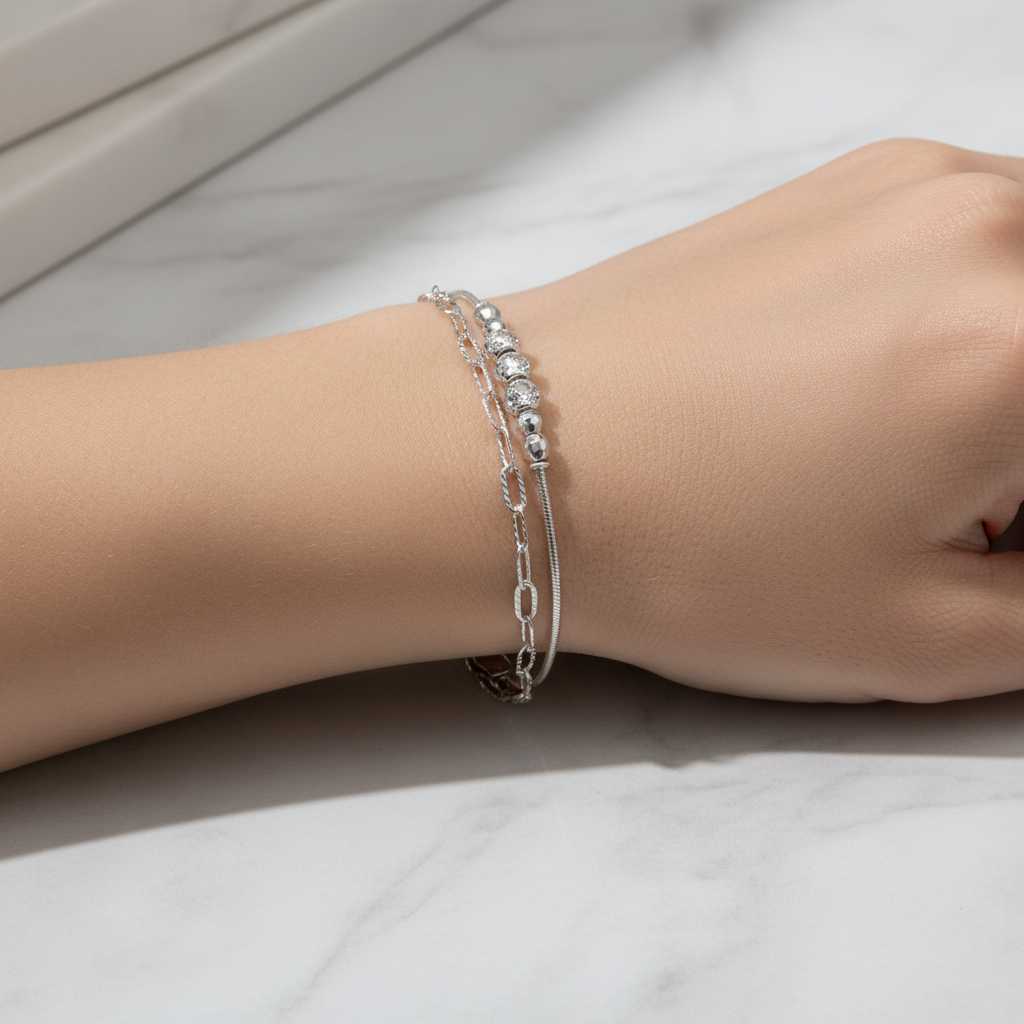 Sterling silver Double Layer Crystal Chain bracelet polished finish