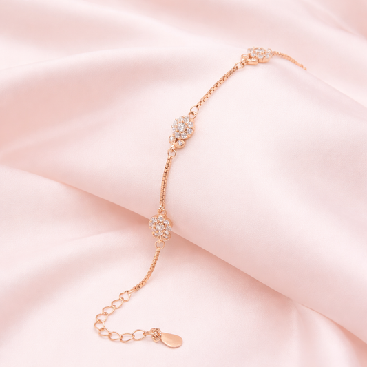 Delicate Triple Crystal Cluster Station Bracelet - Rose Gold