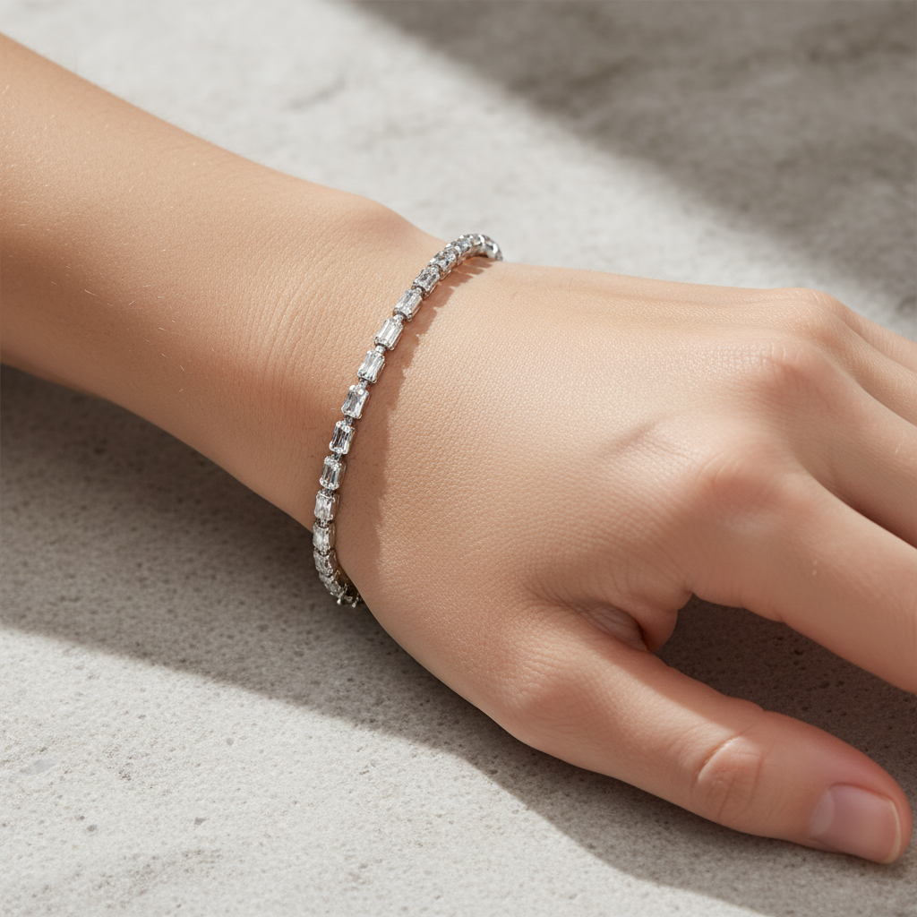 Sterling silver Baguette Crystal Link bracelet polished finish