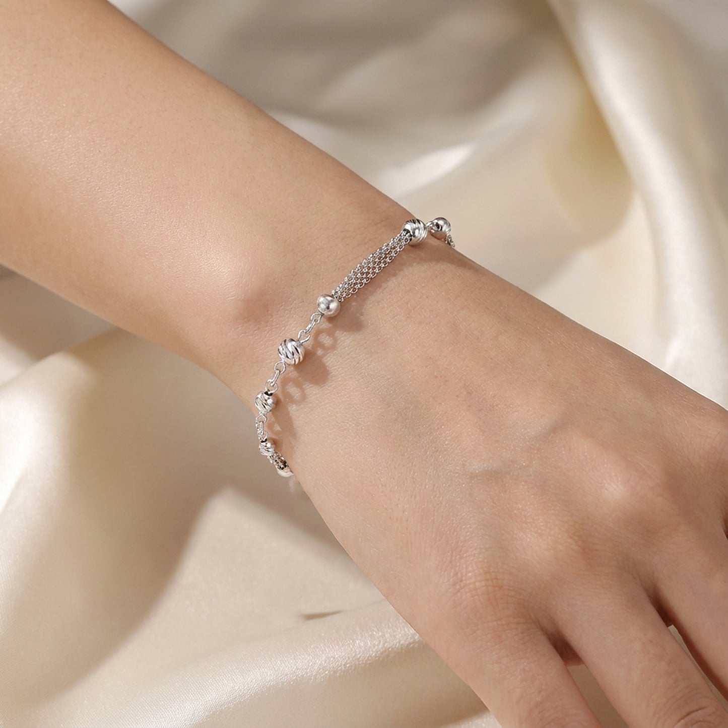 Sterling silver Textured Bead & Crystal Bar Station bracelet polished finish