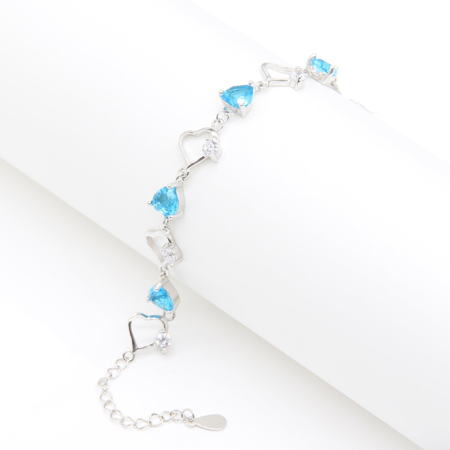 Sterling silver Aqua Blue Topaz Heart & Teardrop Link bracelet polished finish