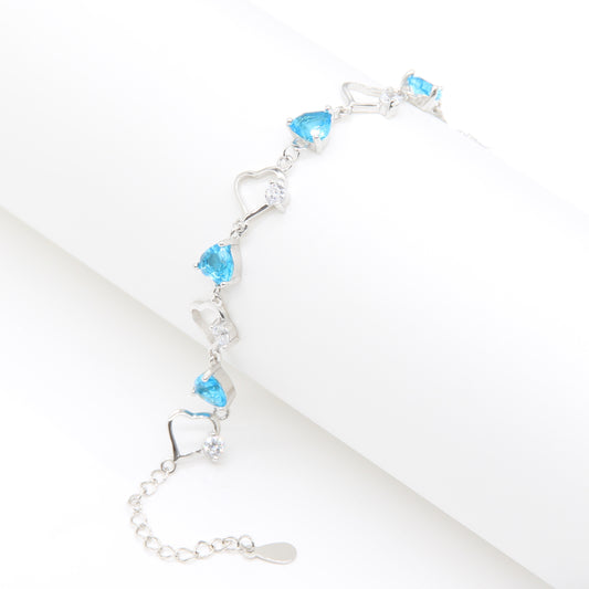 Sterling silver Aqua Blue Topaz Heart & Teardrop Link bracelet polished finish