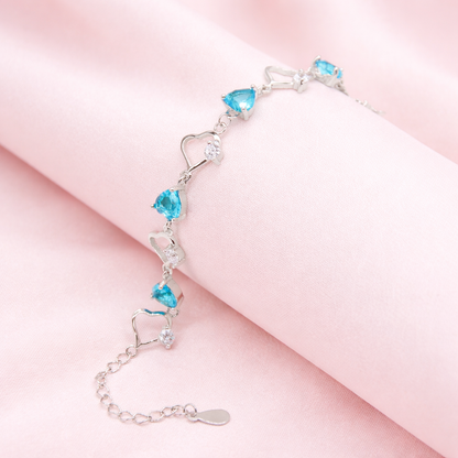 Sterling silver Aqua Blue Topaz Heart & Teardrop Link bracelet polished finish