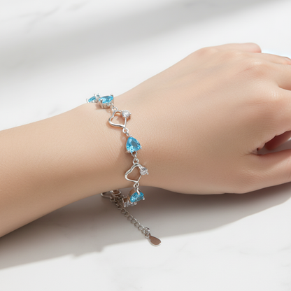Sterling silver Aqua Blue Topaz Heart & Teardrop Link bracelet polished finish