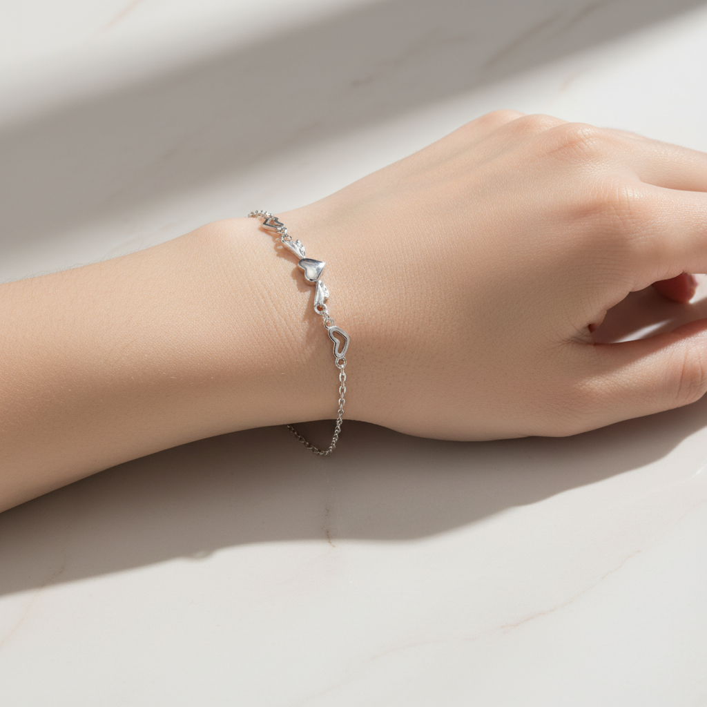 Delicate Multi-Heart Link Station Bracelet - Silver