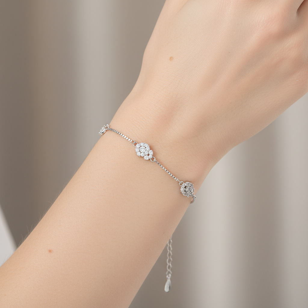 Sterling silver Double Crystal Cluster Station bracelet polished finish