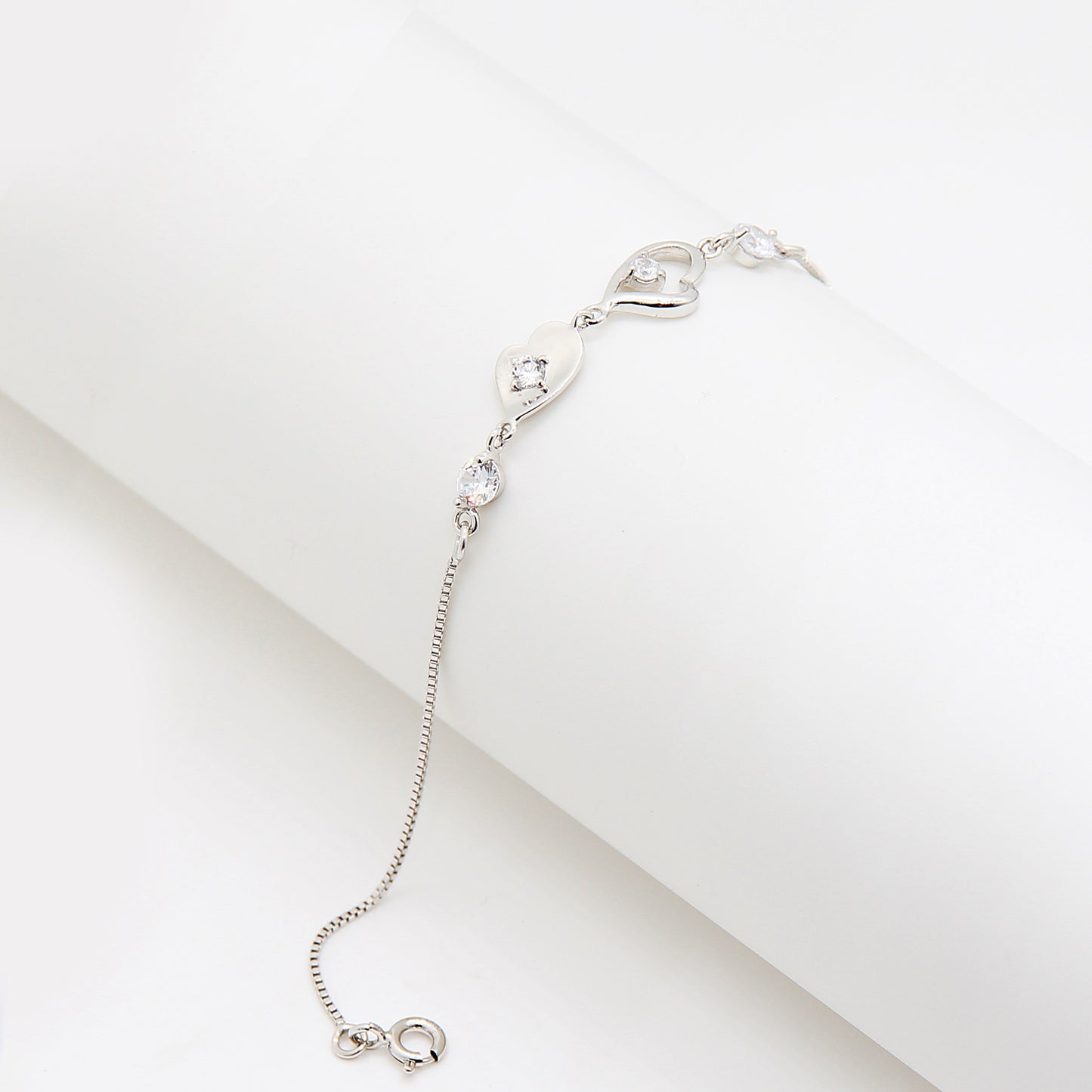 Sterling silver Heart & Crystal Link Station bracelet polished finish