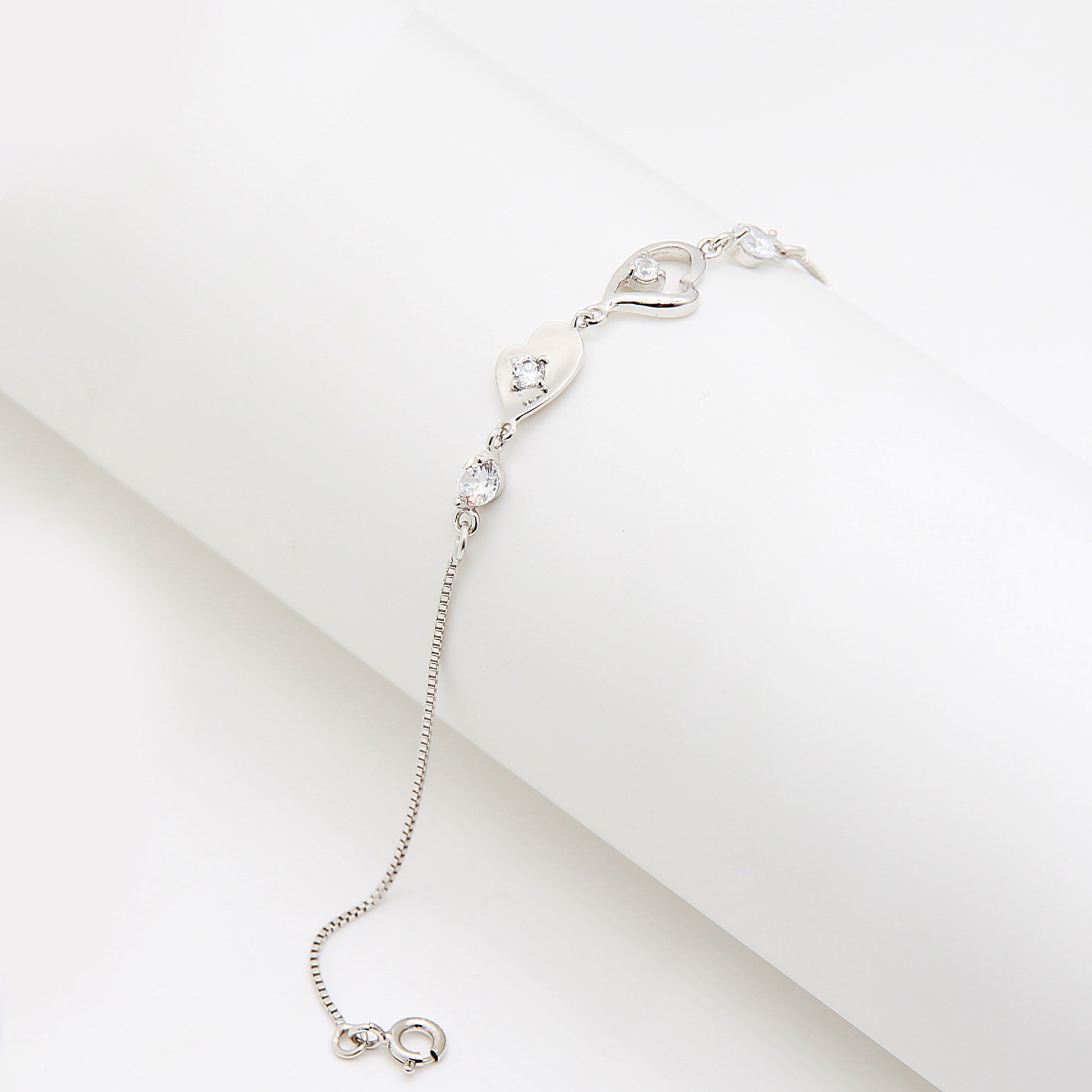 Sterling silver Heart & Crystal Link Station bracelet polished finish