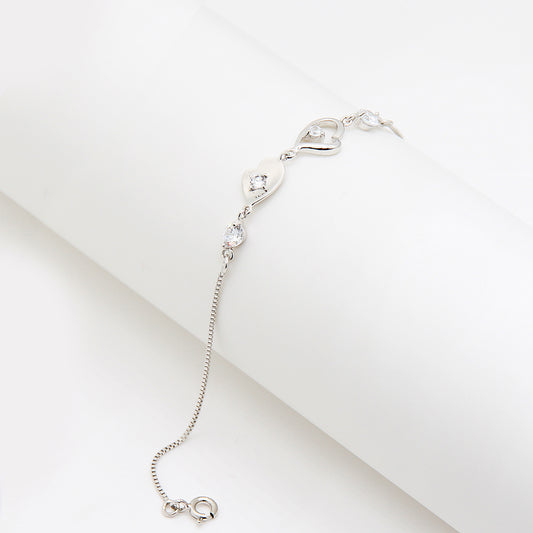 Romantic Heart & Crystal Link Station Bracelet - Silver