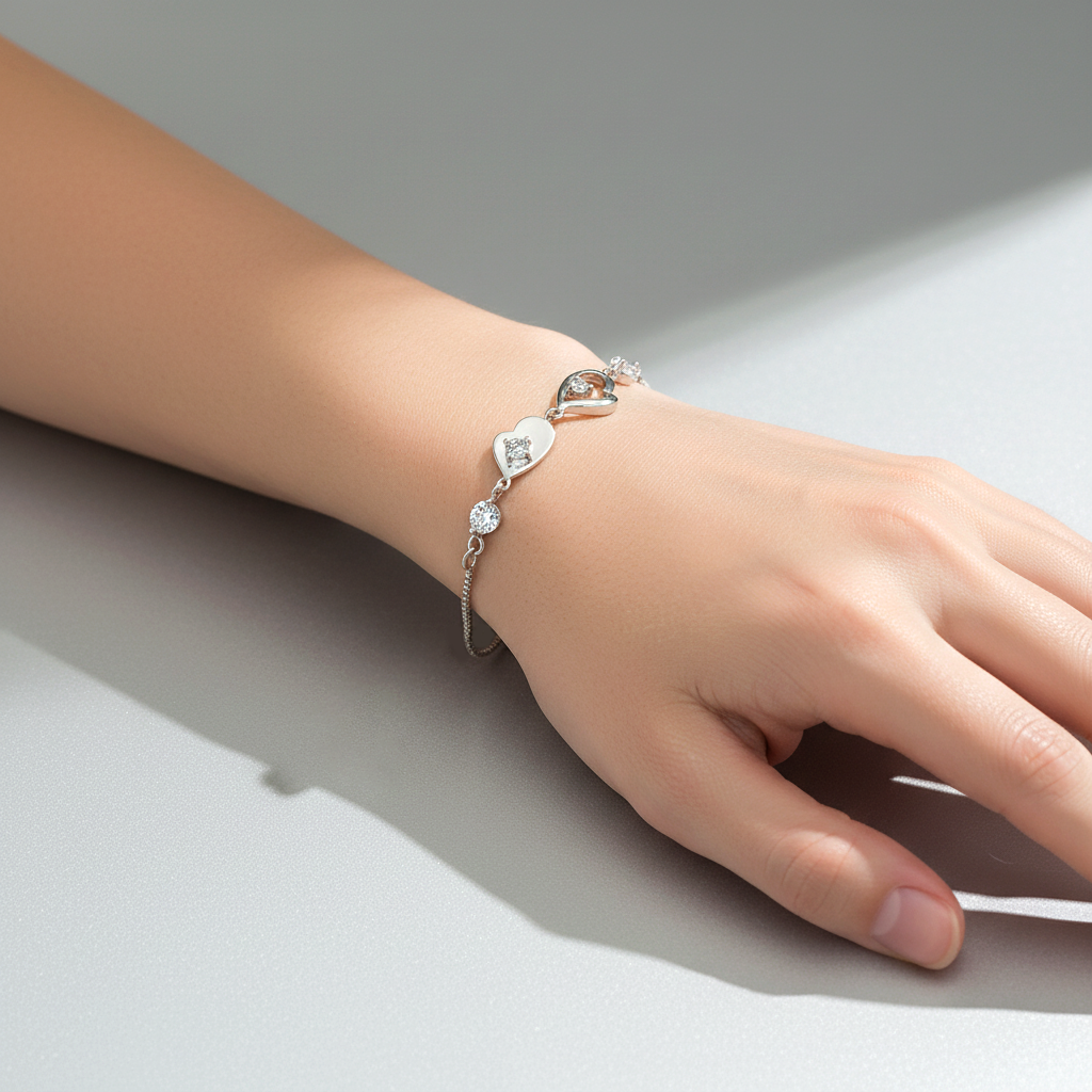 Sterling silver Heart & Crystal Link Station bracelet polished finish