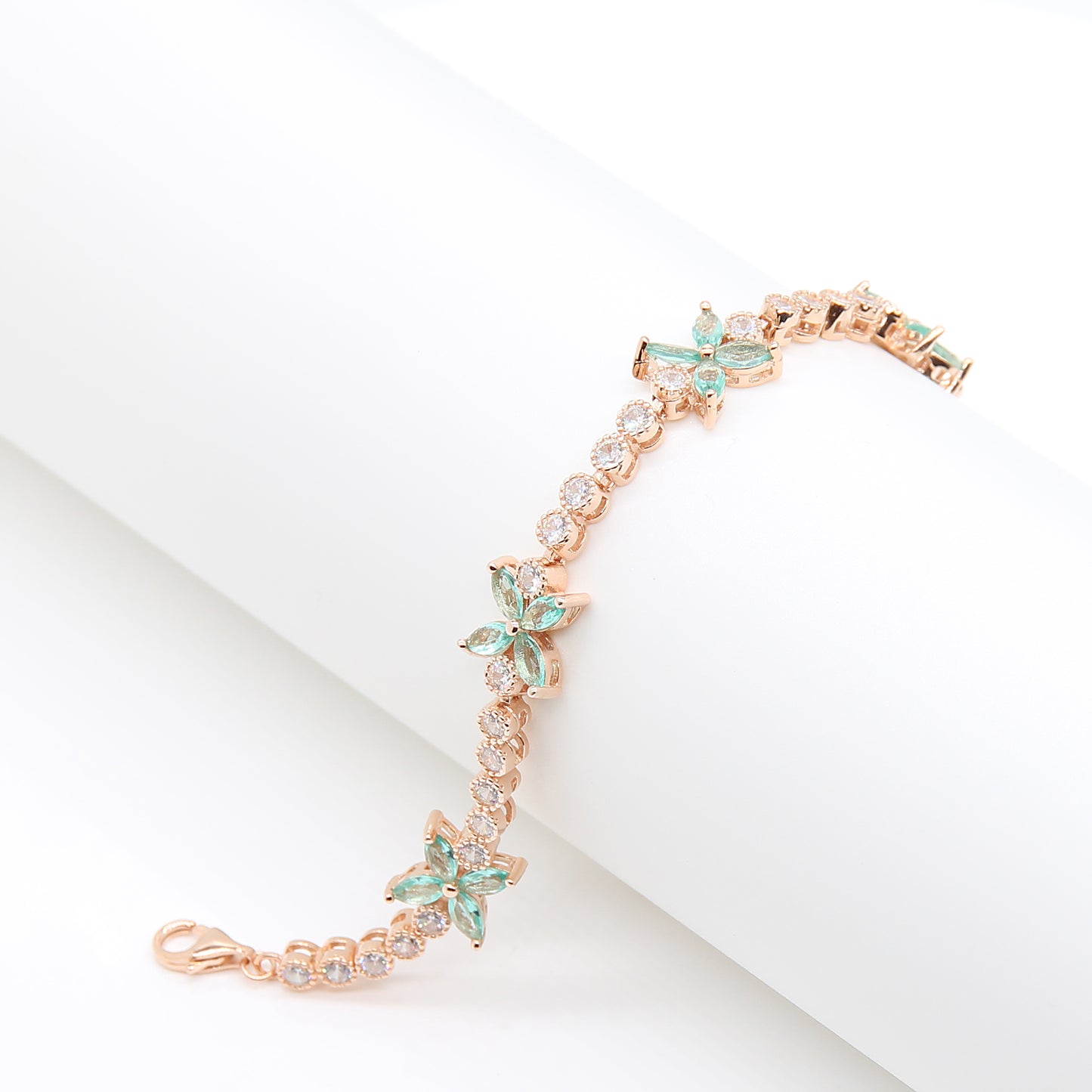Sterling silver Mint Green Marquise Flower & Crystal Tennis bracelet rose gold finish